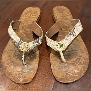 Tory Burch Thora Snakeskin Thong Sandals with Gold Logo